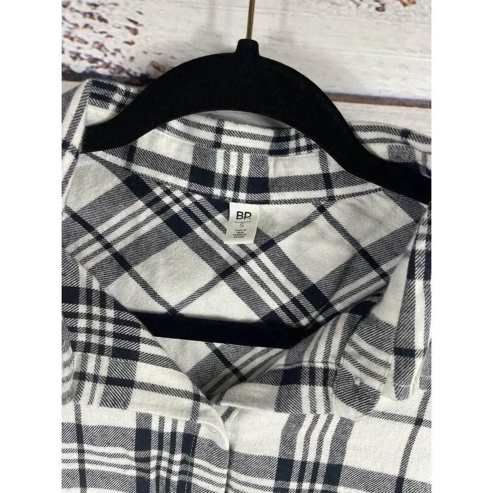 BP Shirt Women's Small Ivory Black Plaid Flannel Puff Sleeve Button Up Nordstrom - Picture 4 of 7
